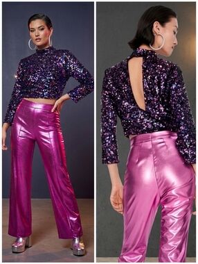 NWOT Zara S Maximalism Glam Party Disco Sequins Mock Neck Keyhole Back Top